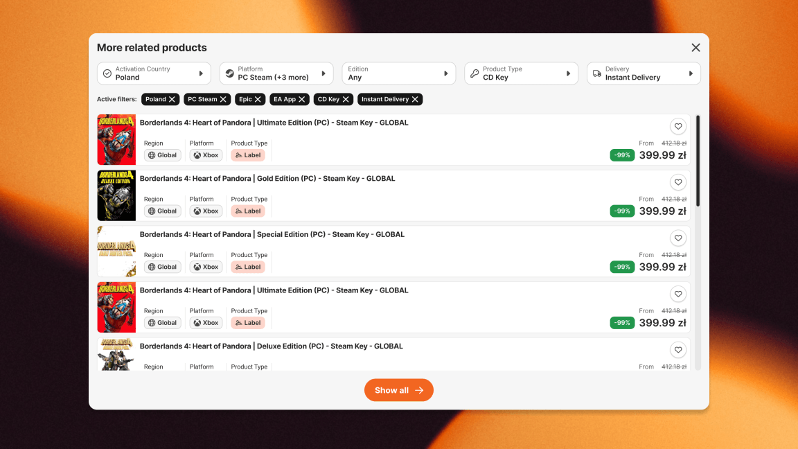 Product page - product configuration modal